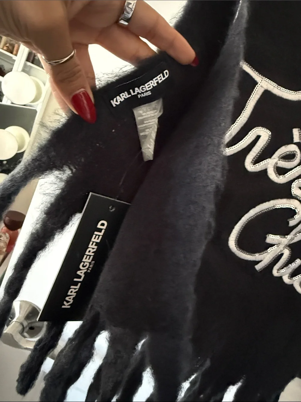 Karl Lagerfeld Black Scarf with White Script Embroidery